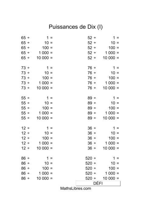 Nombres deux-chiffres divisés par puissances positives de dix (I)