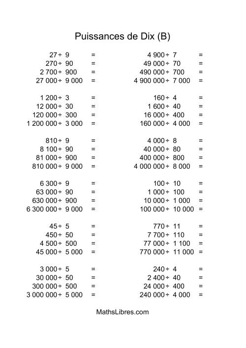 Nombres entiers divisés par multiples de puissances positives de dix (quotients entiers) (B)