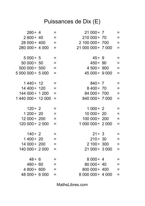 Nombres entiers divisés par multiples de puissances positives de dix (quotients entiers) (E)
