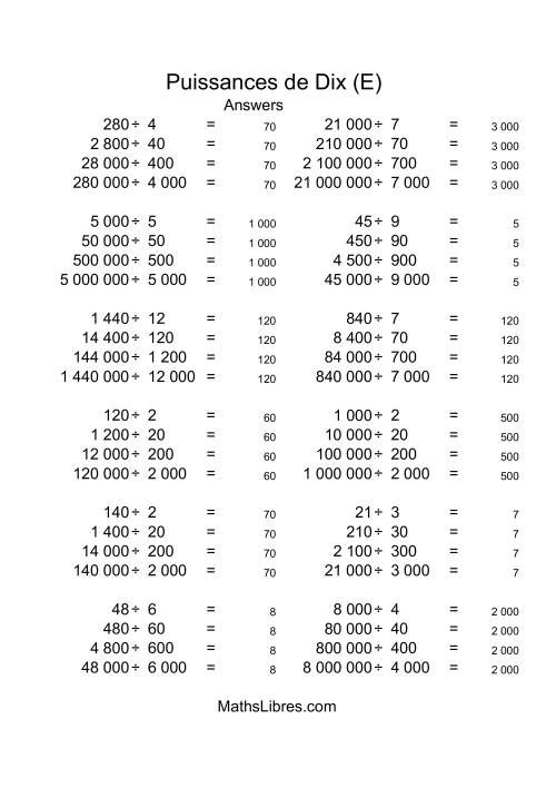 Nombres entiers divisés par multiples de puissances positives de dix (quotients entiers) (E) page 2