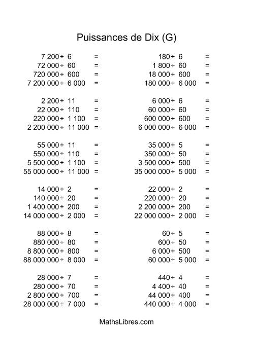 Nombres entiers divisés par multiples de puissances positives de dix (quotients entiers) (G)
