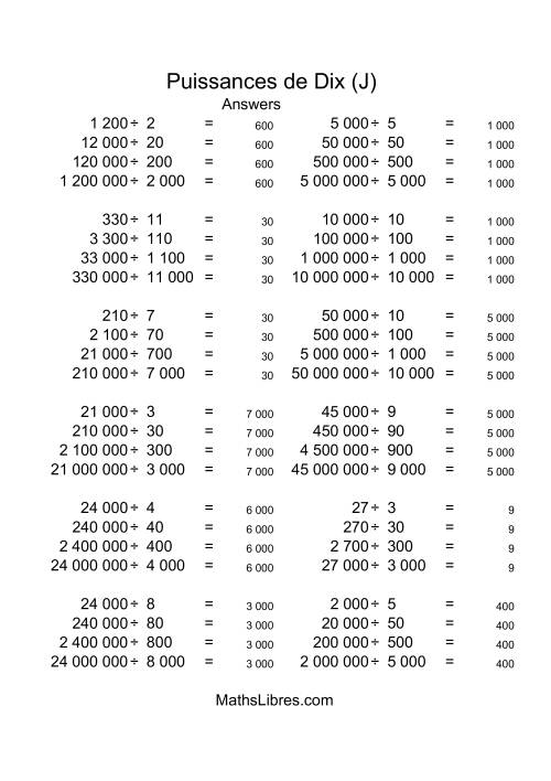 Nombres entiers divisés par multiples de puissances positives de dix (quotients entiers) (J) page 2
