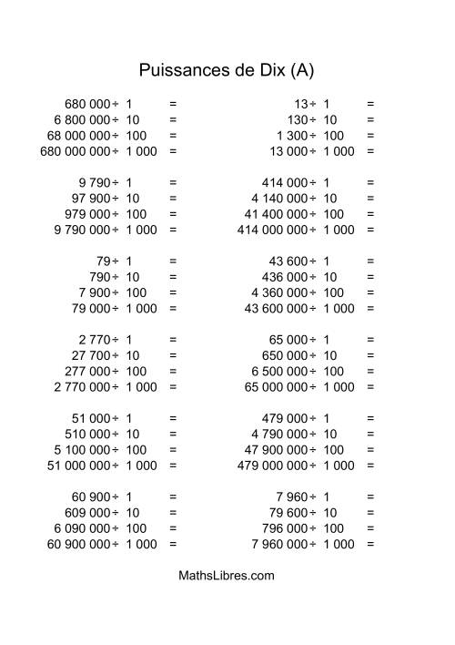 Nombres entiers divisés par puissances positives de dix (quotients entiers) (A)