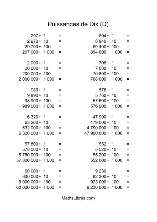 Nombres entiers divisés par puissances positives de dix (quotients entiers) (D)