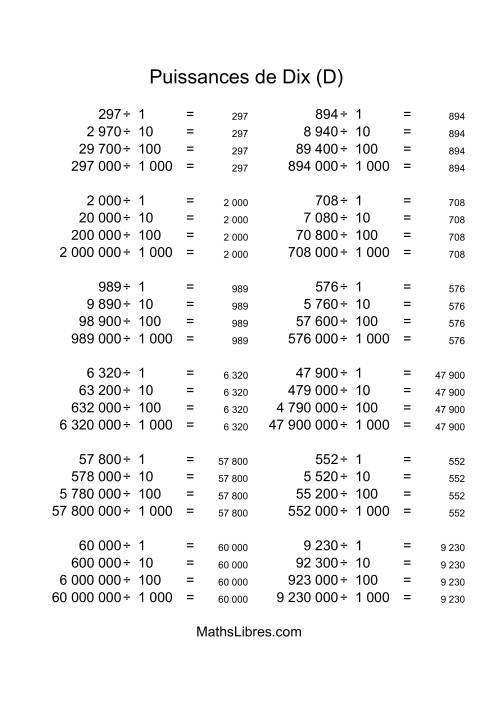 Nombres entiers divisés par puissances positives de dix (quotients entiers) (D) page 2