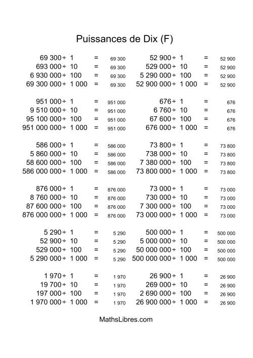 Nombres entiers divisés par puissances positives de dix (quotients entiers) (F) page 2