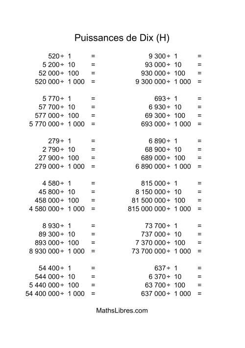 Nombres entiers divisés par puissances positives de dix (quotients entiers) (H)