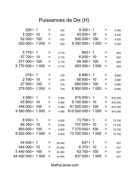 Nombres entiers divisés par puissances positives de dix (quotients entiers) (H) page 2
