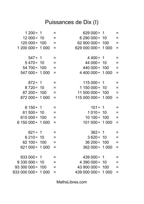 Nombres entiers divisés par puissances positives de dix (quotients entiers) (I)