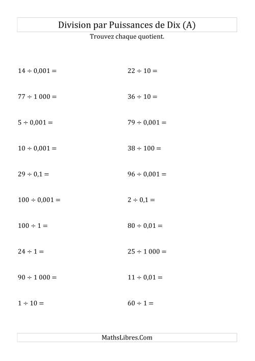 Division de nombres entiers par puissances de dix (forme décimale) (A)
