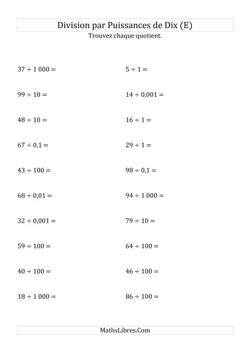 Division de nombres entiers par puissances de dix (forme standard) (E)