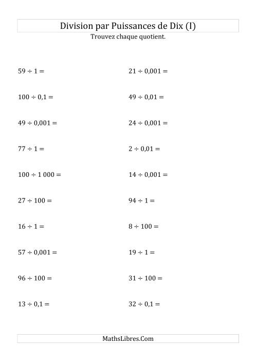Division de nombres entiers par puissances de dix (forme standard) (I)