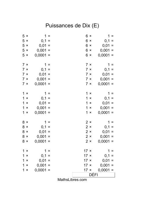 Nombres un-chiffre multipliés par puissances négatives de dix (E)