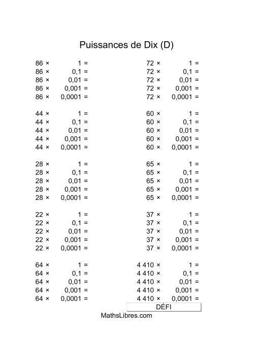 Nombres deux-chiffres multipliés par puissances négatives de dix (D)
