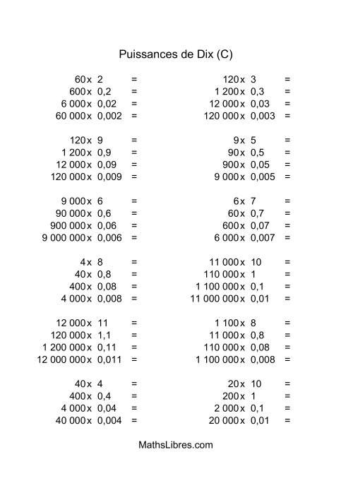 Nombres entiers multipliés par multiples de puissances négatives de dix (quotients entiers) (C)