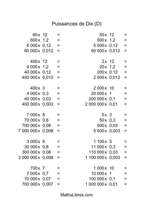 Nombres entiers multipliés par multiples de puissances négatives de dix (quotients entiers) (D)