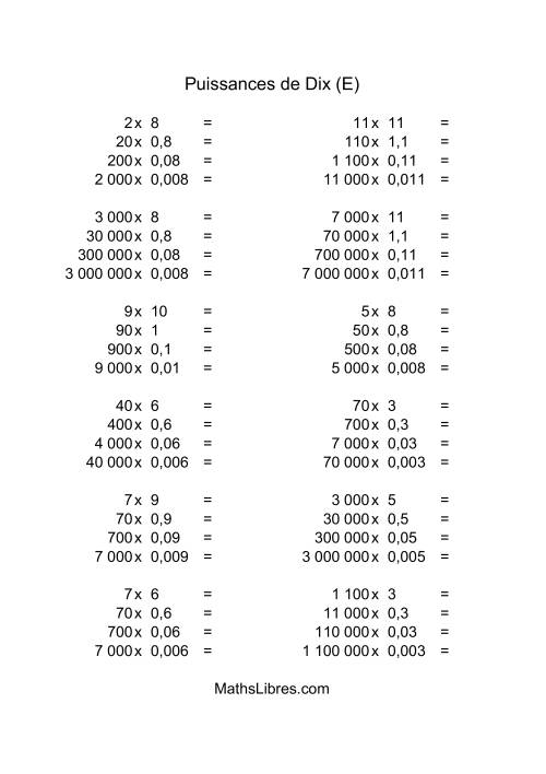 Nombres entiers multipliés par multiples de puissances négatives de dix (quotients entiers) (E)