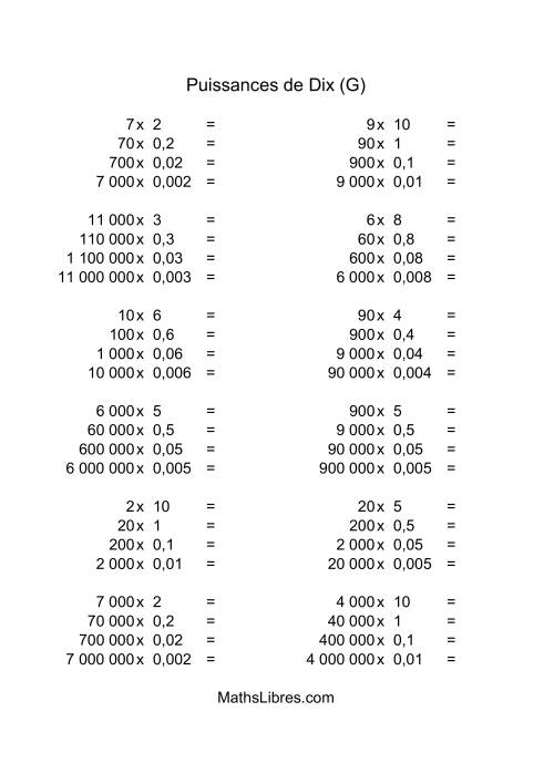 Nombres entiers multipliés par multiples de puissances négatives de dix (quotients entiers) (G)