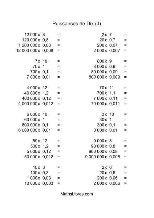 Nombres entiers multipliés par multiples de puissances négatives de dix (quotients entiers) (J)