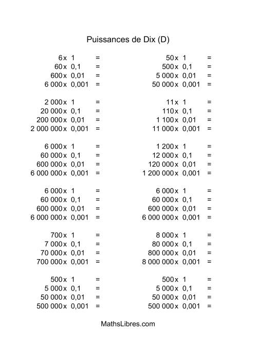 Nombres entiers multipliés par puissances négatives de dix (quotients entiers) (D)