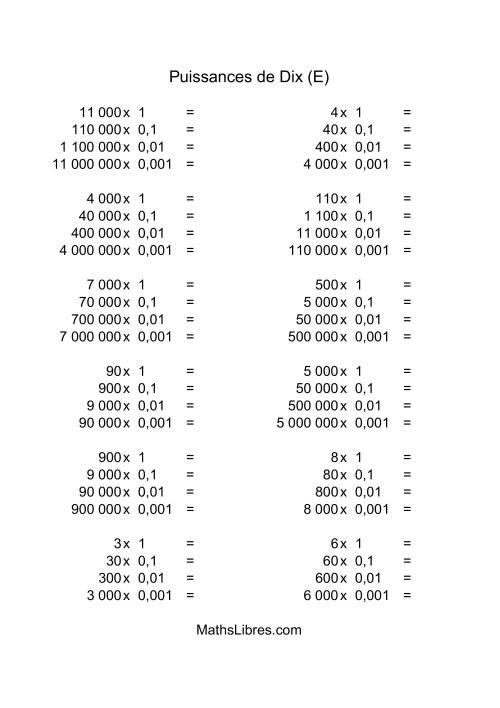 Nombres entiers multipliés par puissances négatives de dix (quotients entiers) (E)