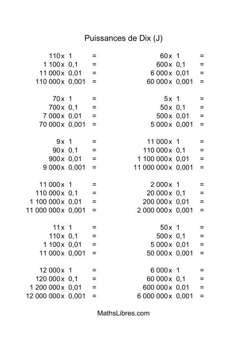 Nombres entiers multipliés par puissances négatives de dix (quotients entiers) (J)