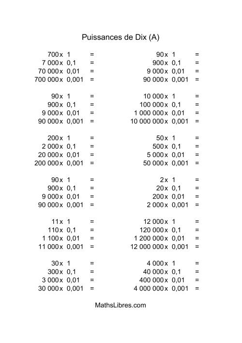 Nombres entiers multipliés par puissances négatives de dix (quotients entiers) (Tout)