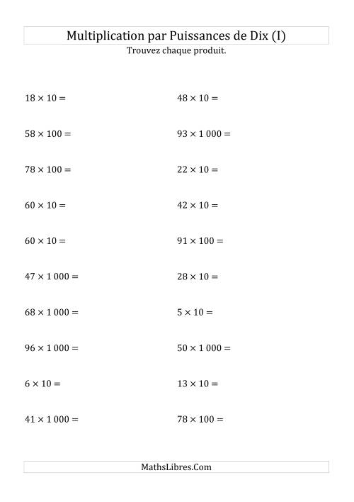 Multiplication de nombres entiers par puissances positives de dix (forme standard) (I)