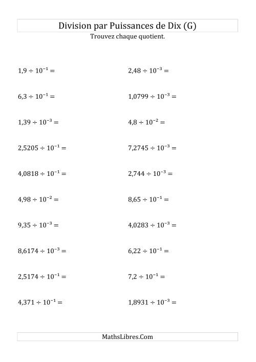 Division de nombres décimaux par puissances négatives de dix (formes décimale) (G)