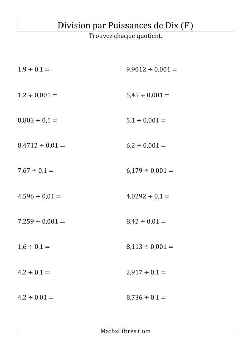 Division de nombres décimaux par puissances négatives de dix (formes standard) (F)