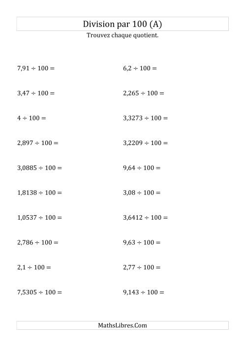 Division de nombres décimaux par 100 (A)