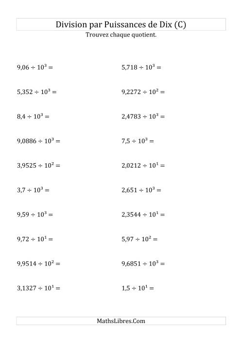 Division de nombres décimaux par puissances positives de dix (forme exposant) (C)