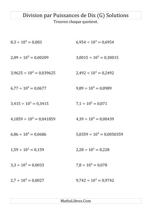 Division de nombres décimaux par puissances positives de dix (forme exposant) (G) page 2