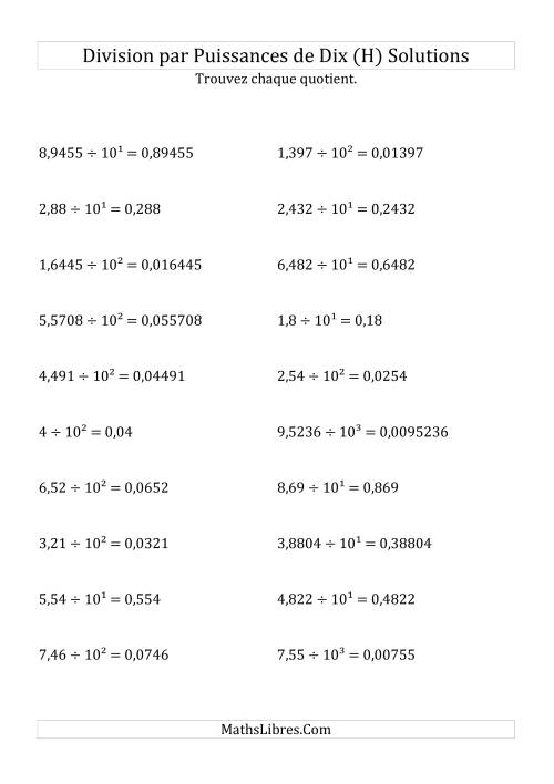 Division de nombres décimaux par puissances positives de dix (forme exposant) (H) page 2