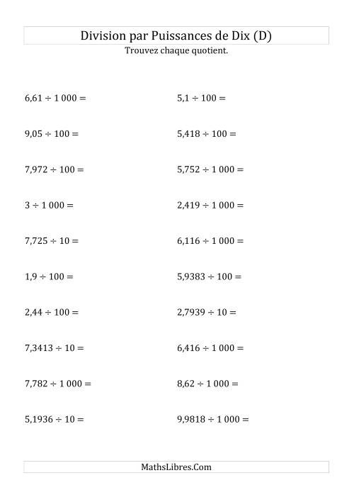 Division de nombres décimaux par puissances positives de dix (forme standard) (D)