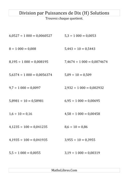 Division de nombres décimaux par puissances positives de dix (forme standard) (H) page 2