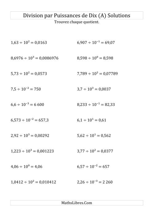 Division de nombres décimaux par puissances de dix (forme exposant) (A) page 2