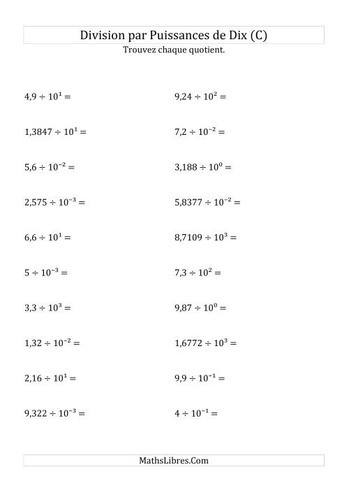 Division de nombres décimaux par puissances de dix (forme exposant) (C)