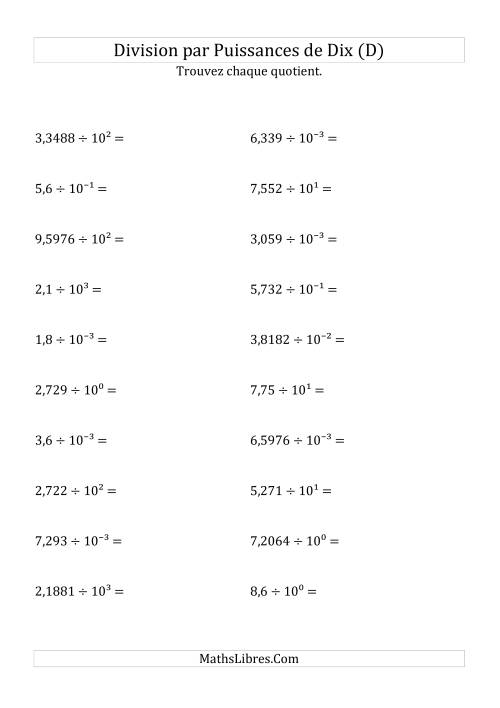 Division de nombres décimaux par puissances de dix (forme exposant) (D)