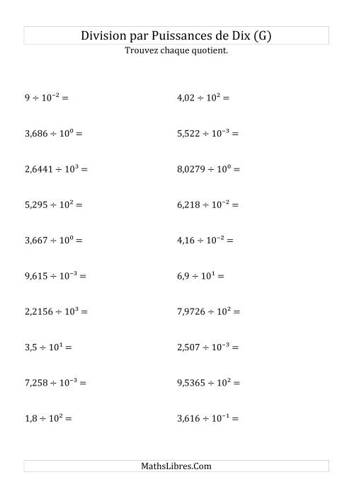 Division de nombres décimaux par puissances de dix (forme exposant) (G)