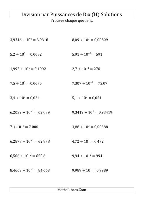 Division de nombres décimaux par puissances de dix (forme exposant) (H) page 2