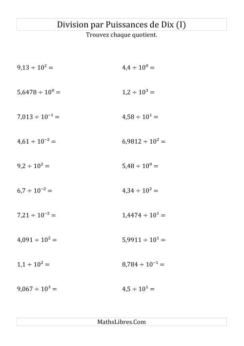 Division de nombres décimaux par puissances de dix (forme exposant) (I)