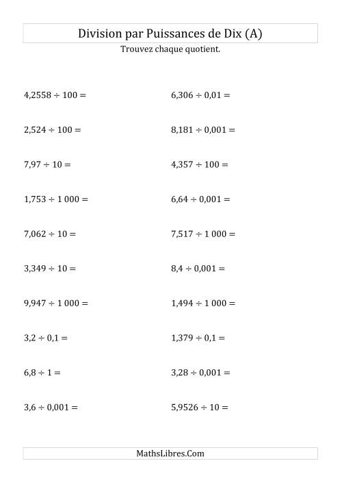 Division de nombres décimaux par puissances de dix (forme standard) (A)