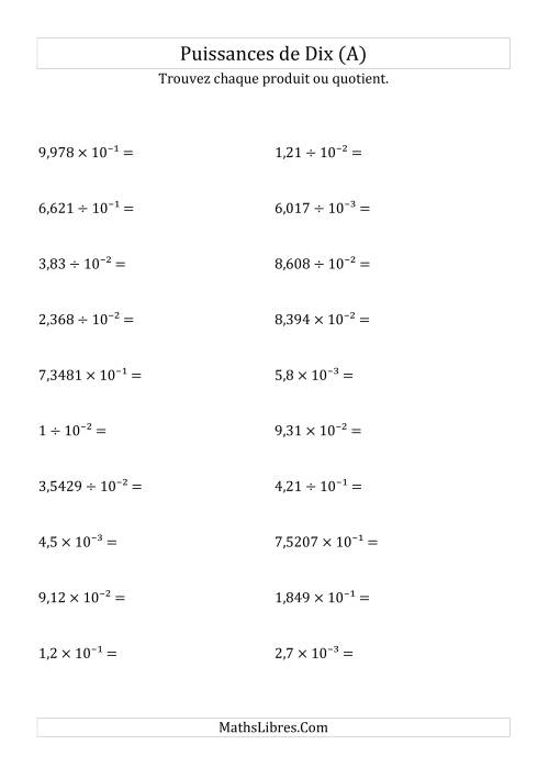 Multiplication et division de nombres décimaux par puissances négatives de dix (forme exposant) (A)