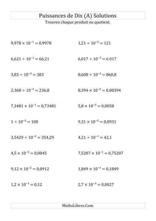 Multiplication et division de nombres décimaux par puissances négatives de dix (forme exposant) (A) page 2