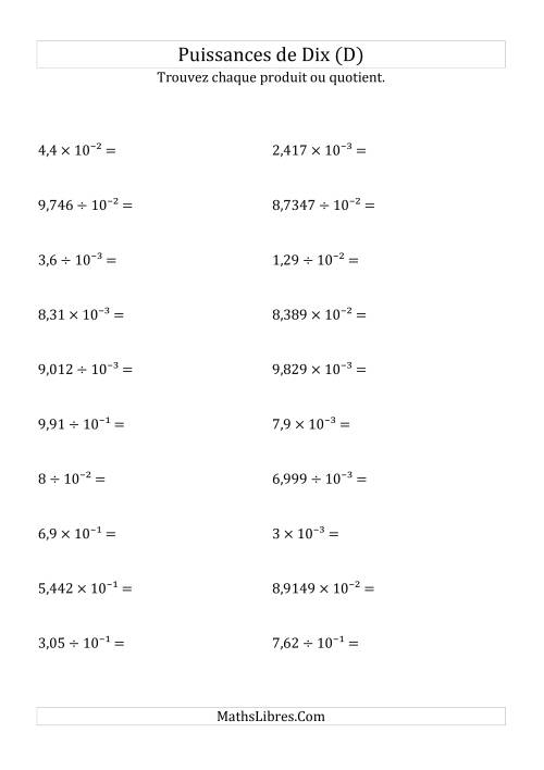 Multiplication et division de nombres décimaux par puissances négatives de dix (forme exposant) (D)