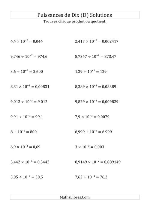 Multiplication et division de nombres décimaux par puissances négatives de dix (forme exposant) (D) page 2
