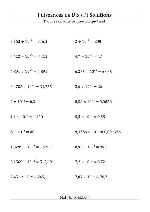 Multiplication et division de nombres décimaux par puissances négatives de dix (forme exposant) (F) page 2
