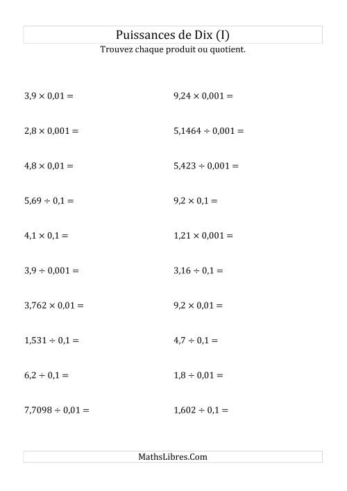 Multiplication et division de nombres décimaux par puissances négatives de dix (forme standard) (I)