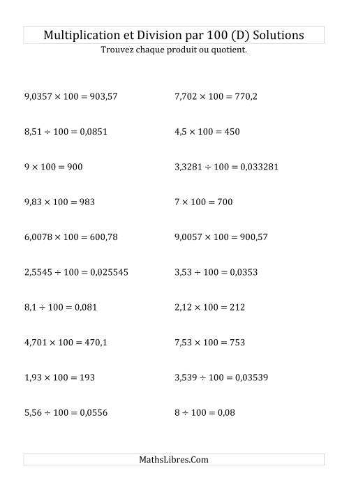Multiplication et division de nombres décimaux par 100 (D) page 2